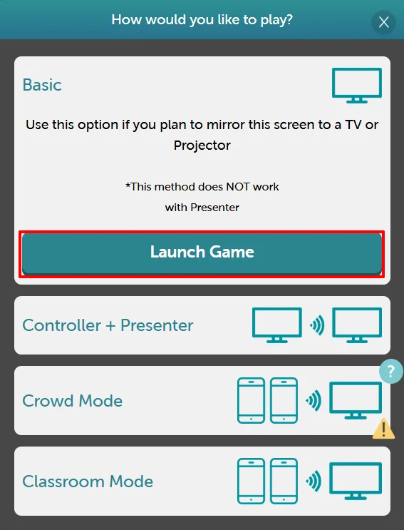 Basic Mode - Launch Game Modal
