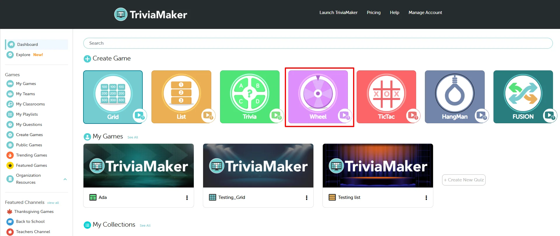 Create Game from Dashboard - Select Wheel