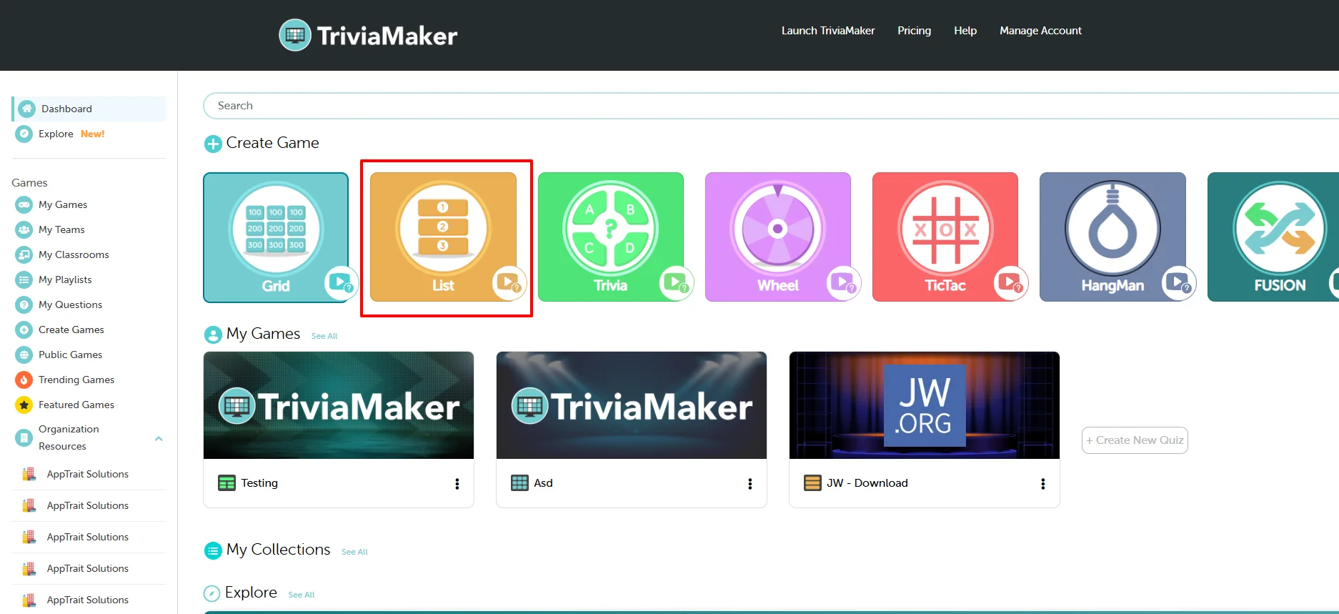 Create Game from Dashboard - Select List