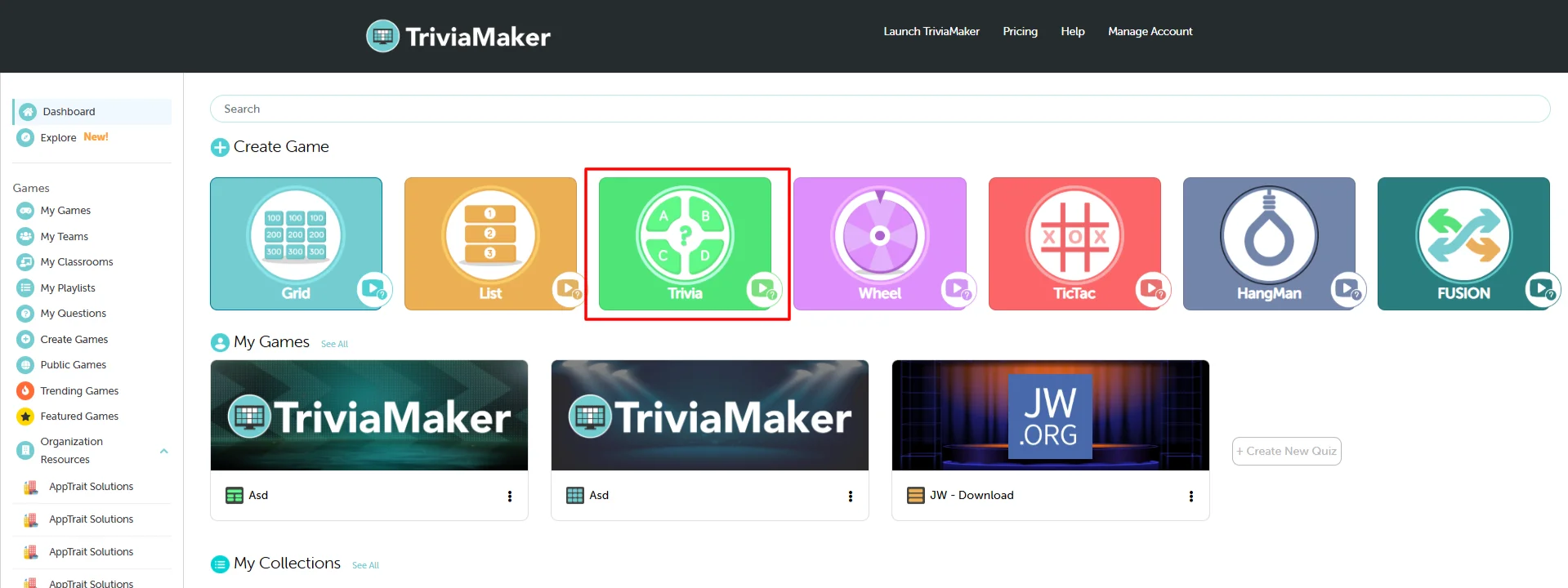 Create Game from Dashboard - Select Trivia