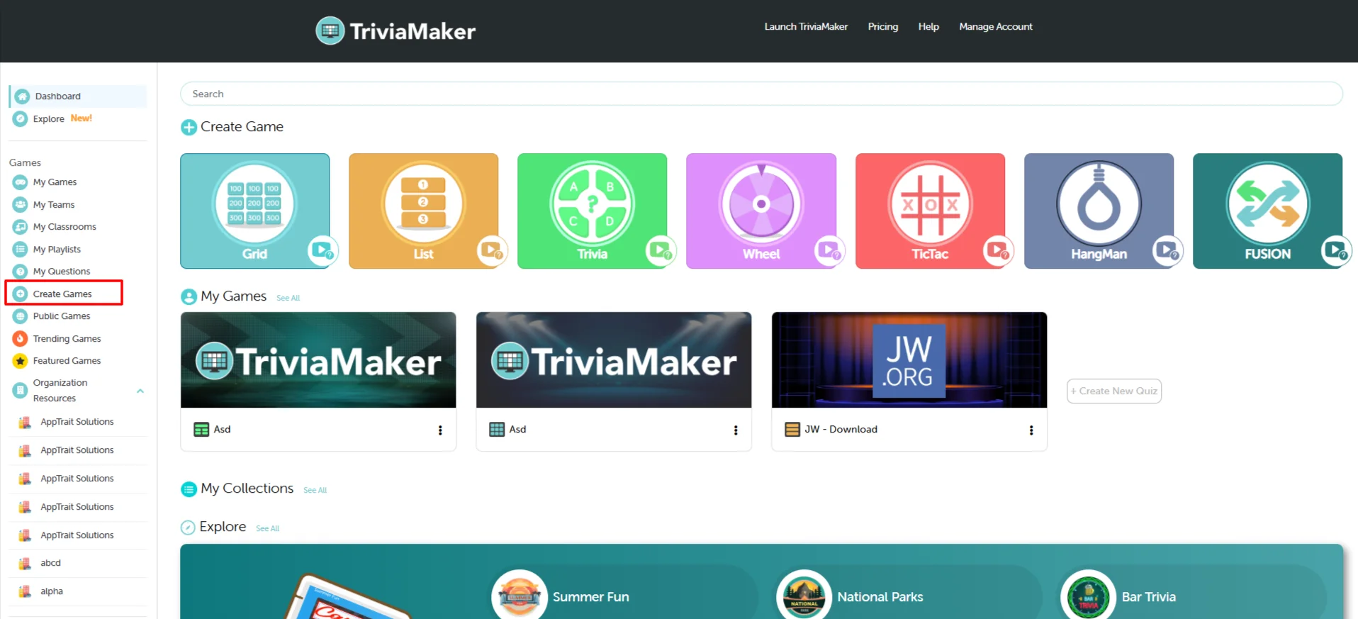 Create Game from Sidebar Menu