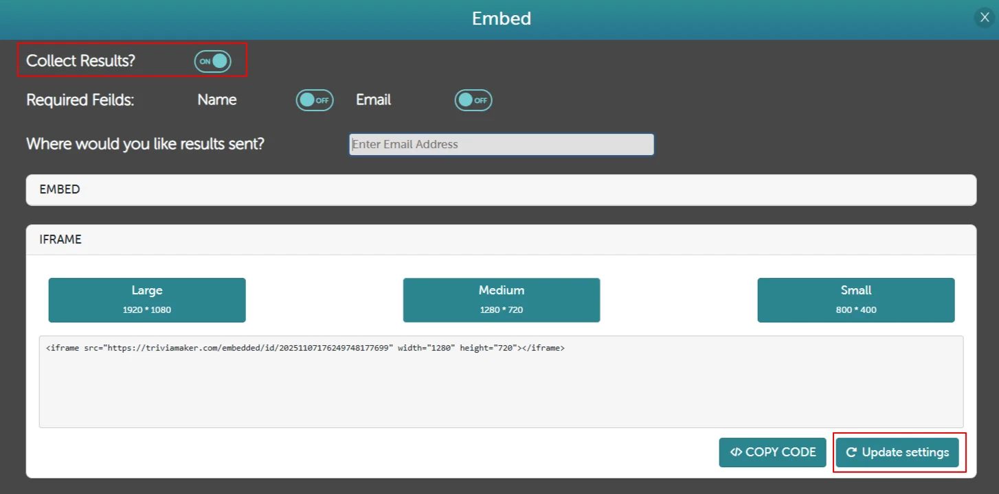 iFrame Mode - Size Selection