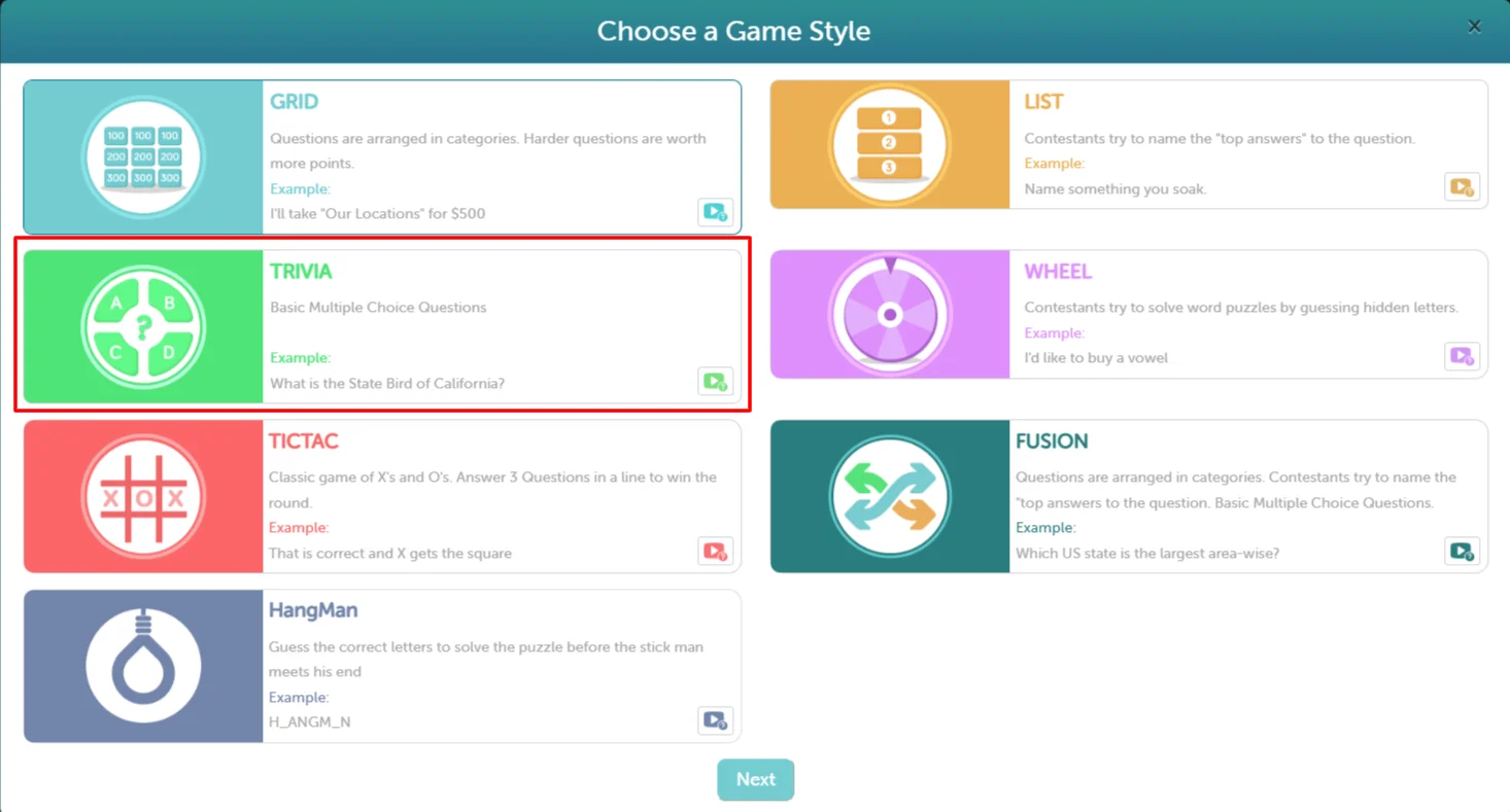 Select Trivia from Game Styles