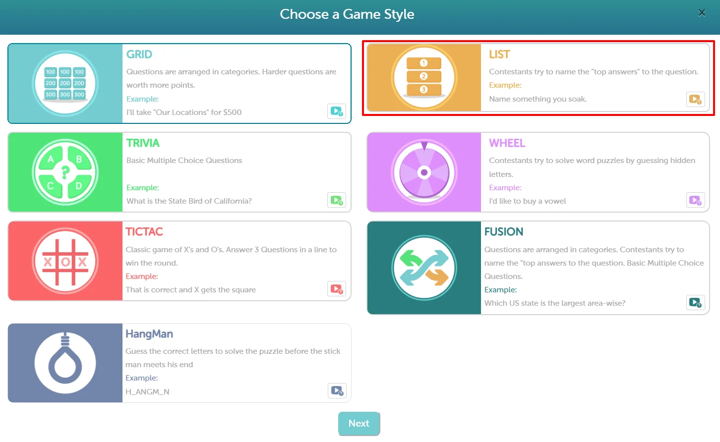 Select List from Game Styles