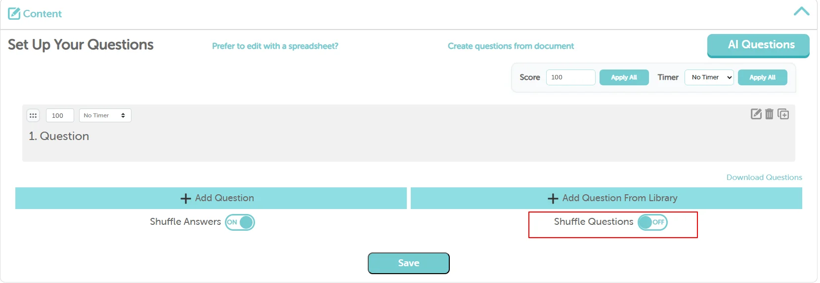 Shuffle Questions Toggle