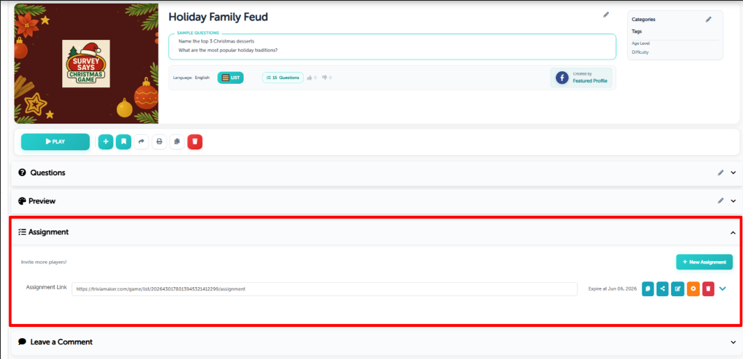 Assignment Dashboard showing Links and Expiry