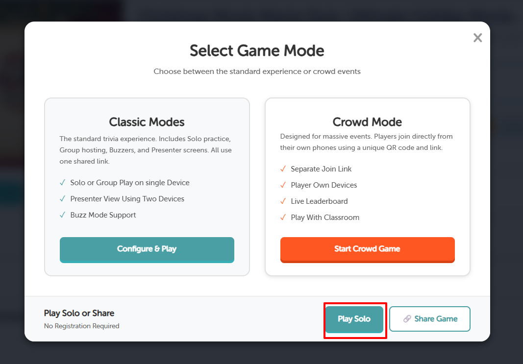 Select Game Mode Popup with Play Solo button