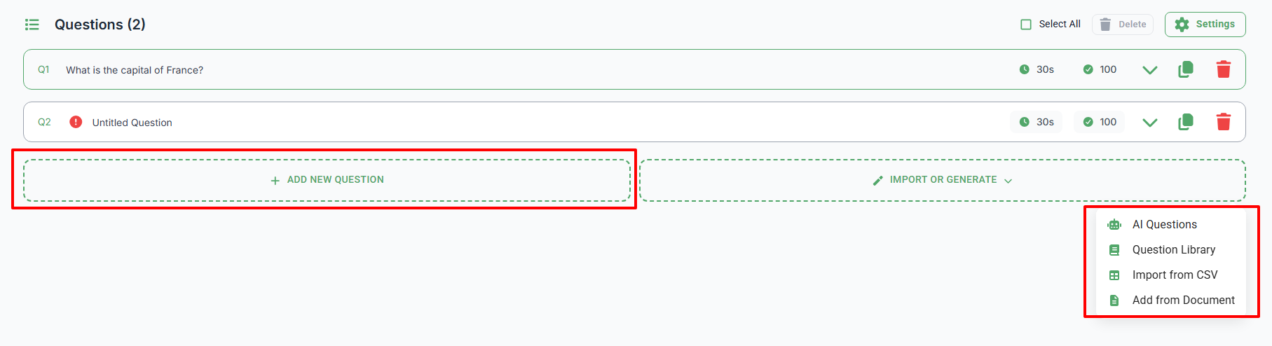Add Questions to Your Quiz Options
