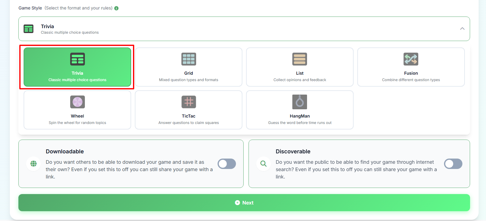 Select Trivia Game Style
