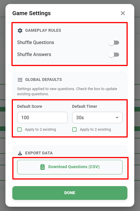 Question Settings Modal Options