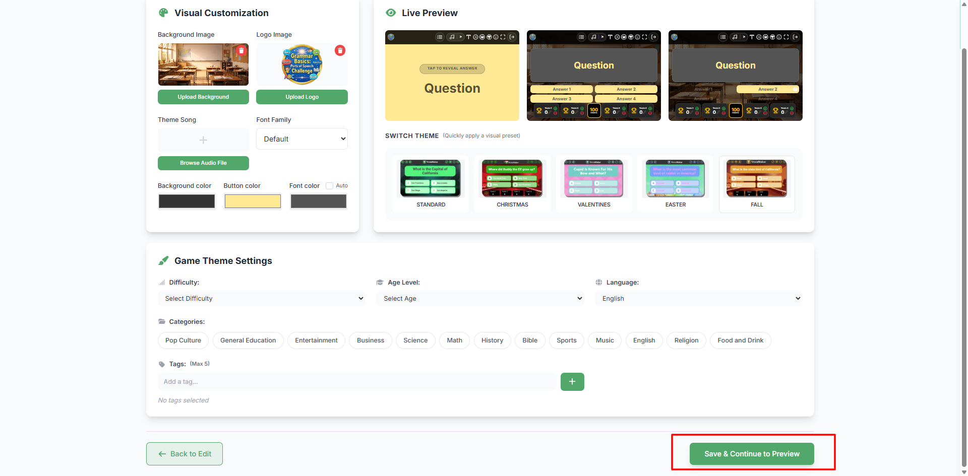 Save and Continue to Preview