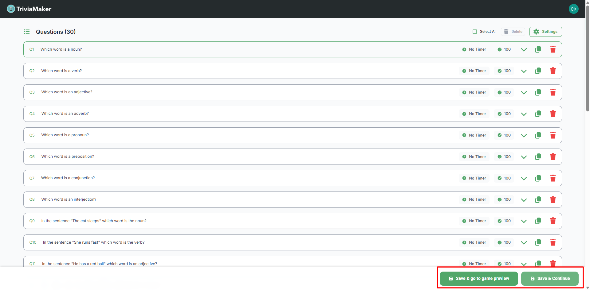 Edit Question Page and Save Options
