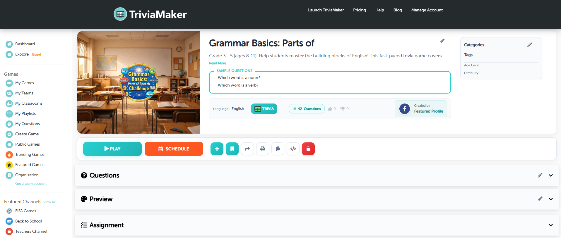 TriviaMaker play mode preview for testing a quiz before launch
