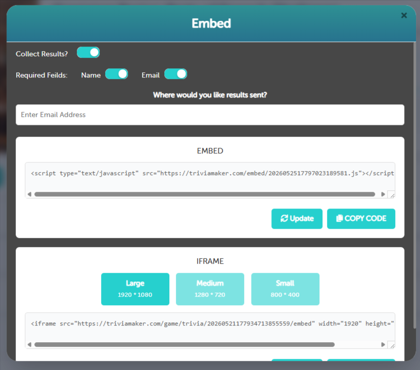 Embed Settings Modal showing Collect Results Toggles