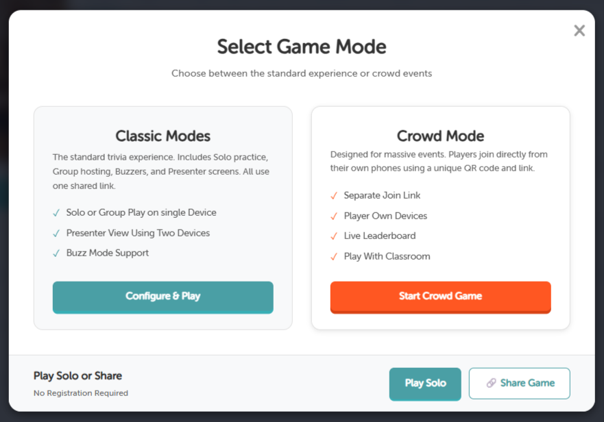 Select Game Mode Popup with Play Solo button