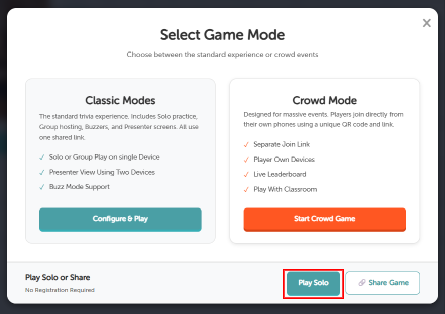 Solo Mode launched after clicking Play Solo