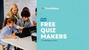 Group of people, including children and an adult, working together on laptops, promoting free quiz makers.