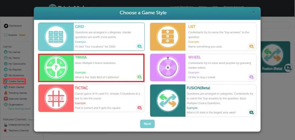 Choose game style for your kahoot quiz