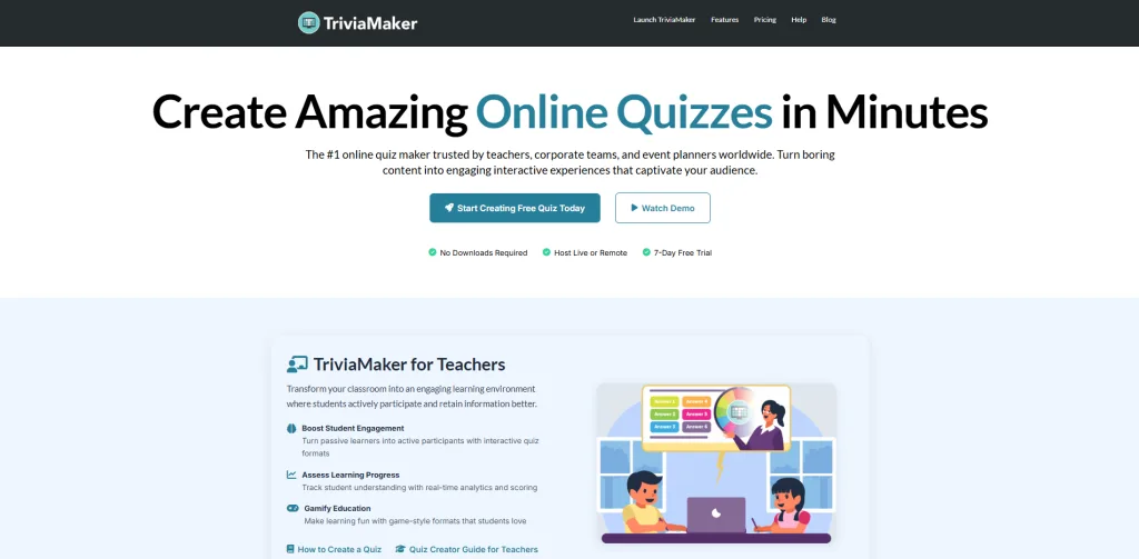 Create interactive online quizzes using TriviaMaker for classrooms, training, and live games.