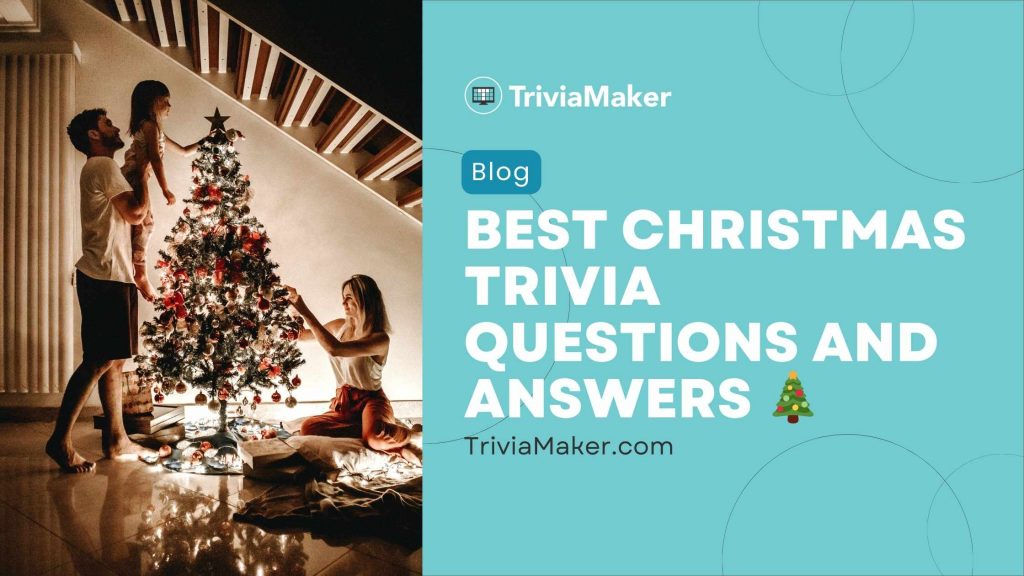 Family decorating a Christmas tree in a cozy home, promoting a Christmas trivia blog.