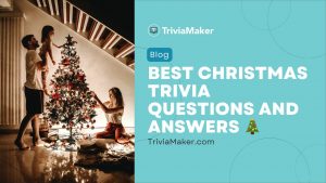 Family decorating a Christmas tree in a cozy home, promoting a Christmas trivia blog.