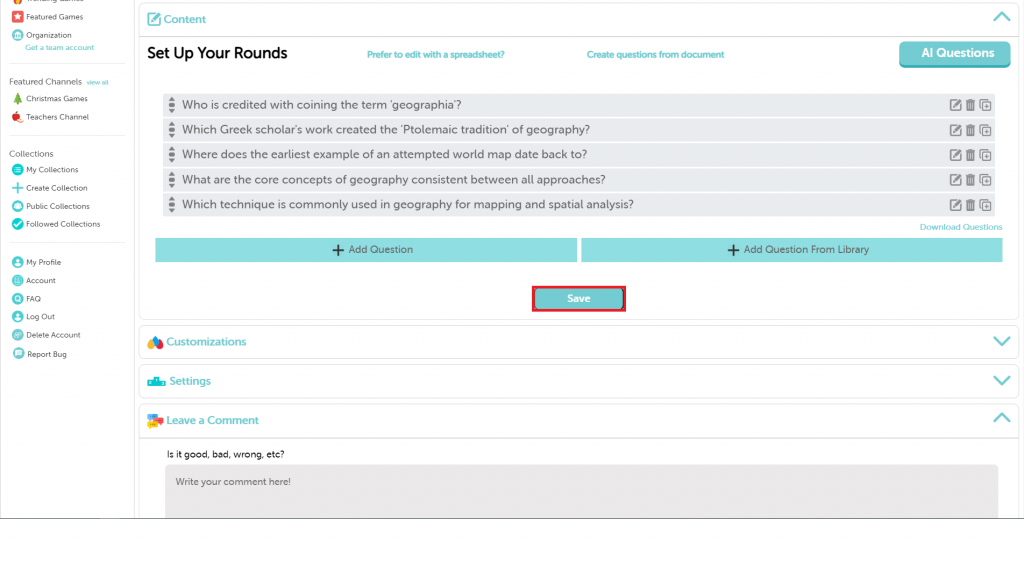 After adding questions, saving question