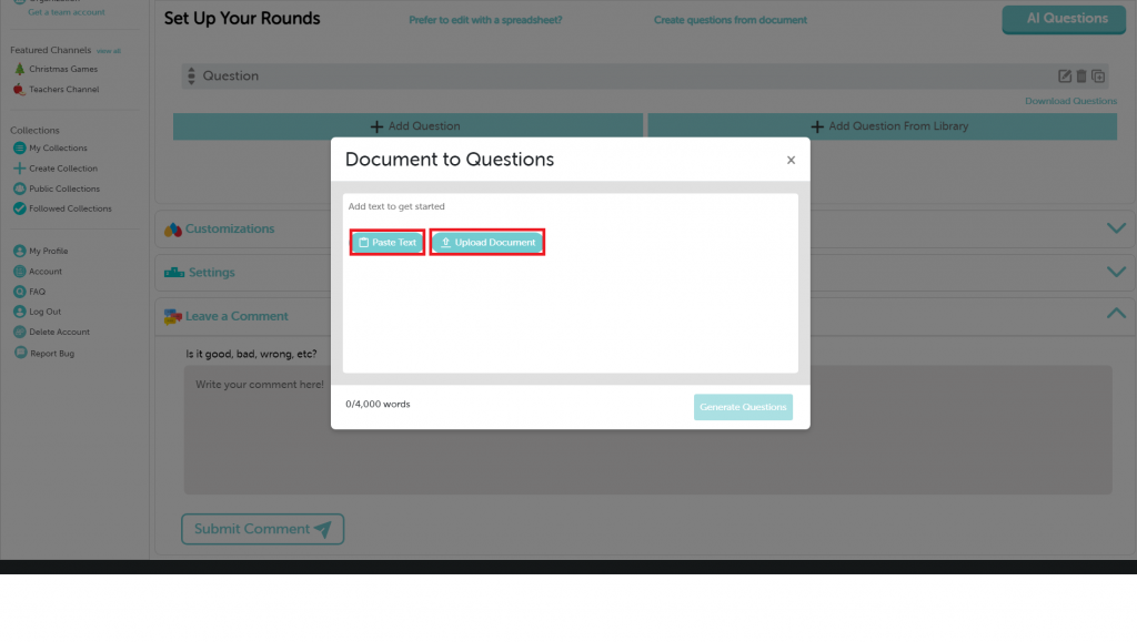 Creating questions from document feature