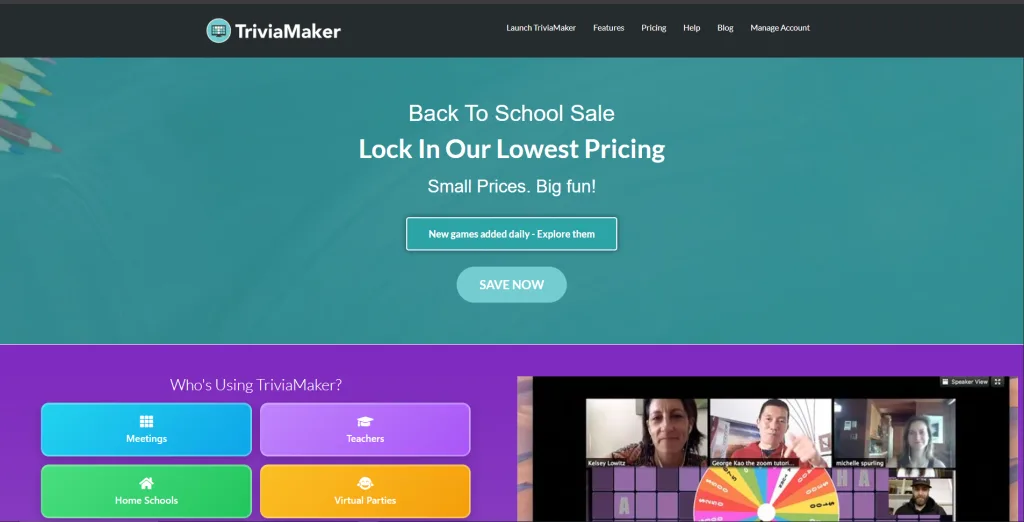 TriviaMaker homepage hero image showing interactive quiz game screens and customizable templates for classrooms, events, and corporate training.