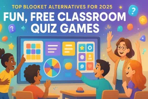 Top Blooket alternatives 2025 banner showing diverse students and teacher playing a fun classroom quiz game.