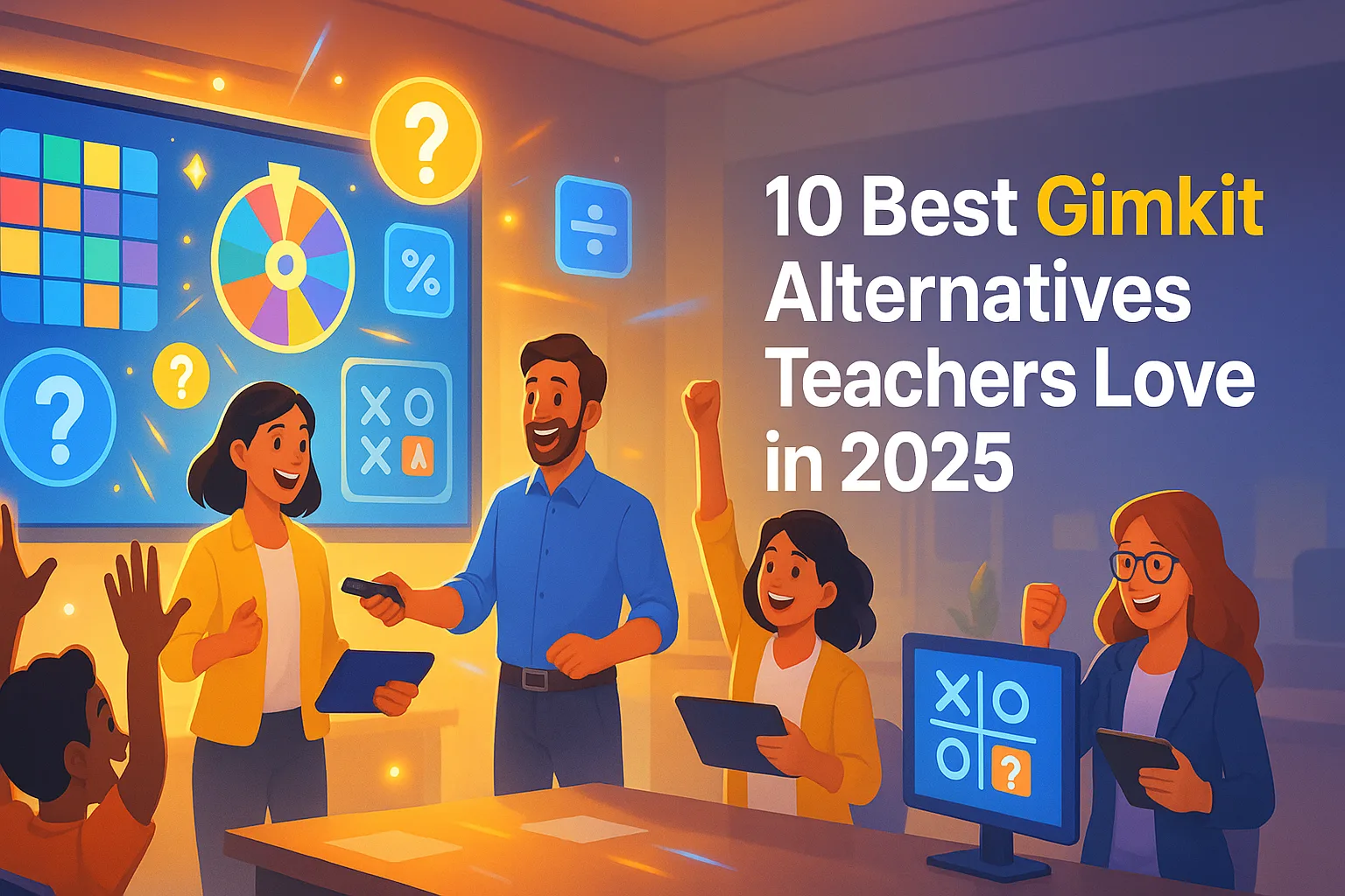 10 best Gimkit alternatives 2025 banner featuring teachers engaging students in a modern, gamified learning setting.