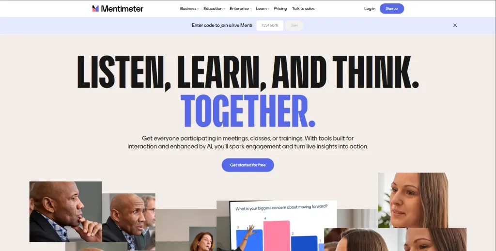 Mentimeter homepage hero image displaying live polls and interactive presentation tools shown on a laptop and projector screen.