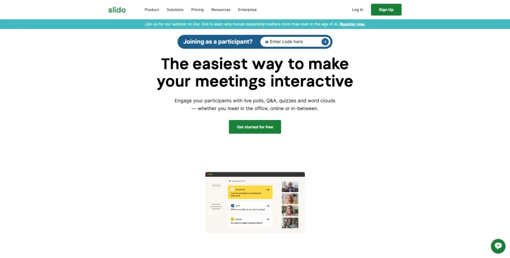 Slido homepage hero image showing live polls, Q&A, and audience interaction tools during a presentation.