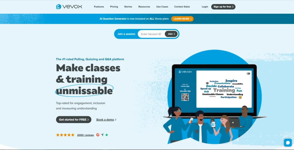 Vevox homepage hero section featuring live polling, word clouds, and Q&A screens used in meetings and university lectures.