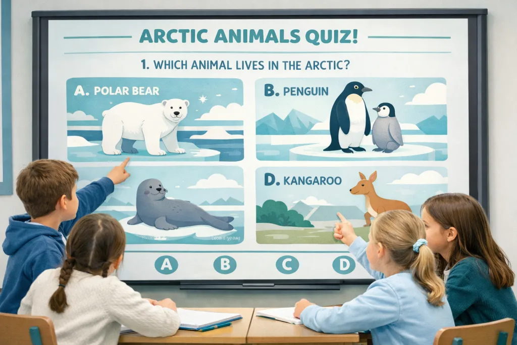 An interactive quiz about polar bears, penguins, and other arctic animal facts for students.