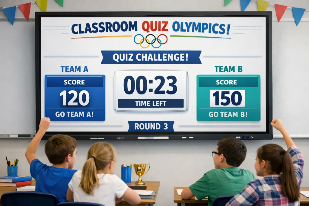 Children engaged in a multi-event classroom competition with winter sports trivia challenges.