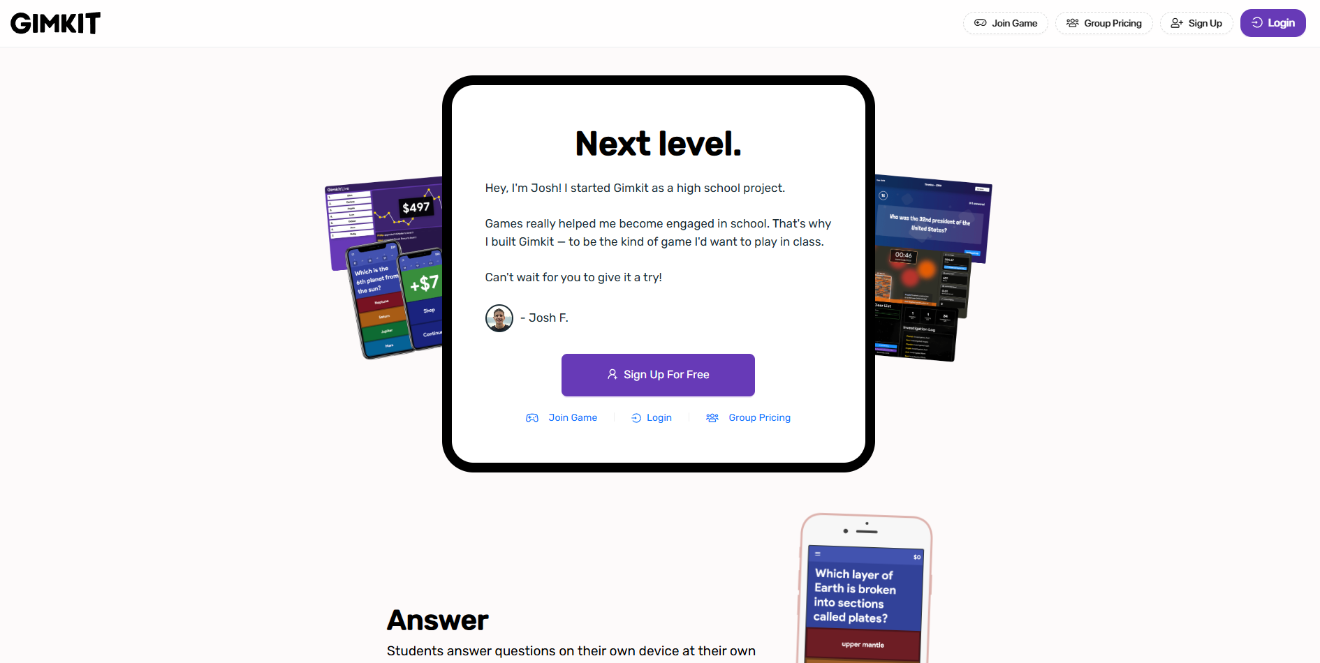 Gimkit homepage