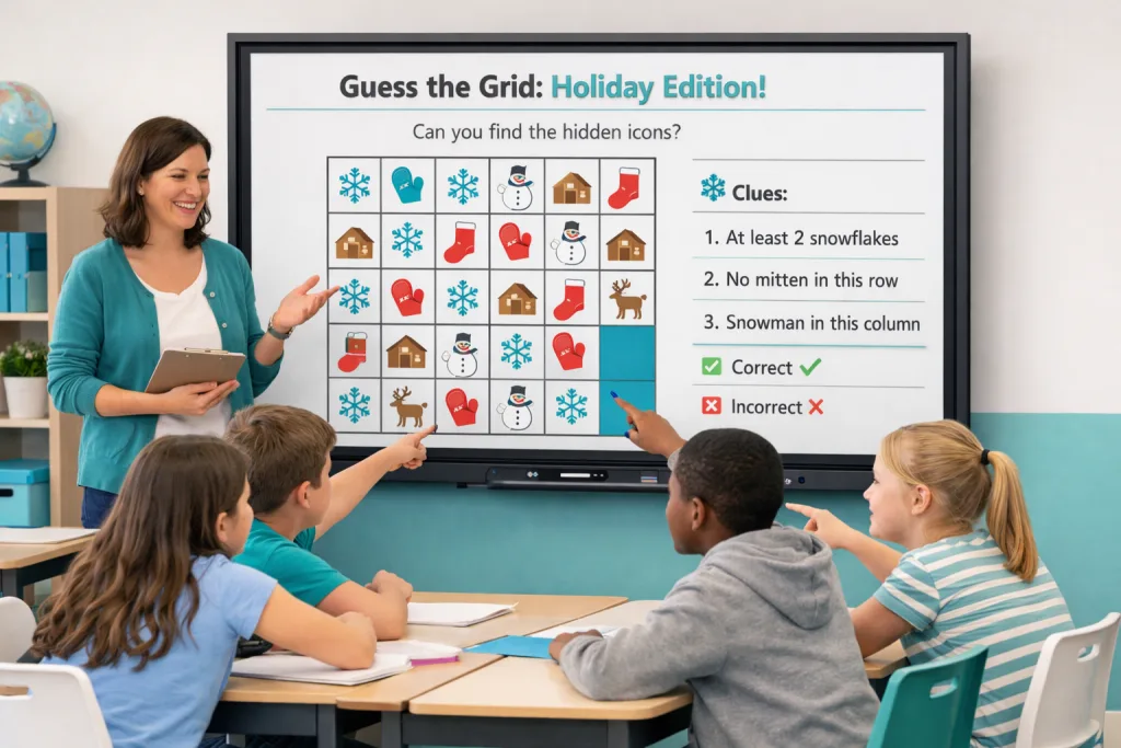 Students playing a 'Friendly Feud'-style winter holiday guessing game with categories on a screen.