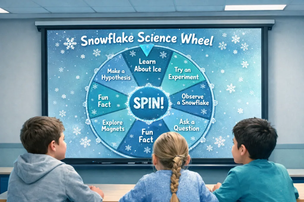 A classroom game show wheel used to select winter science and nature questions.