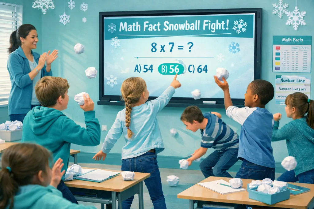 A fun, interactive math fact review game presented as a virtual snowball fight in class.