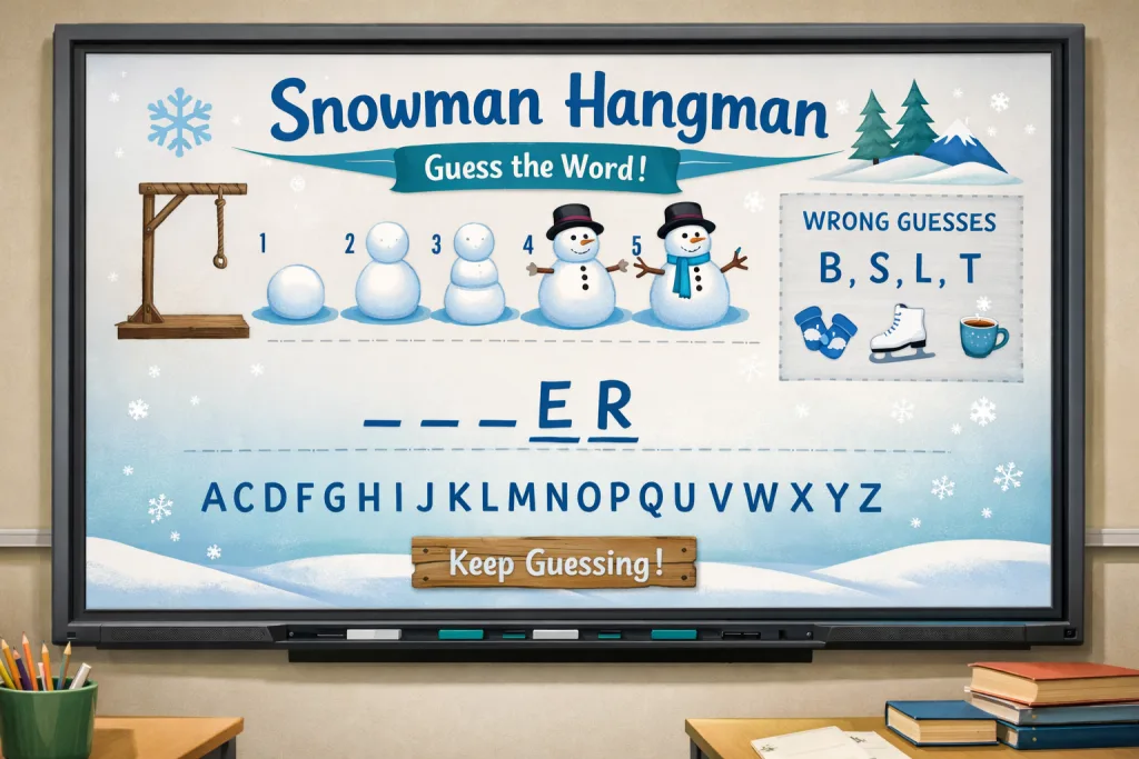 A winter-themed hangman game where students guess letters to solve seasonal vocabulary words.
