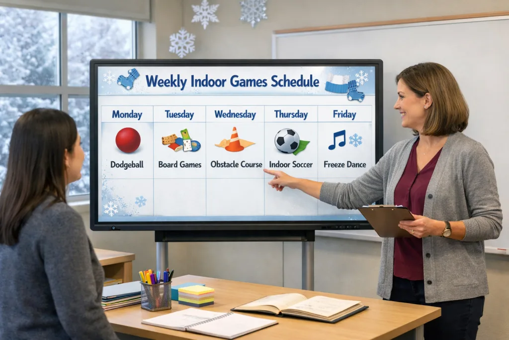 create a plan for whole week to make children play inside of classroom with full engagement