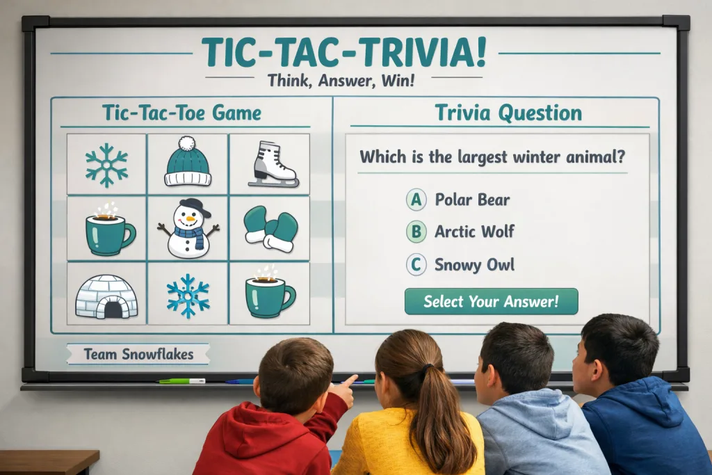 Students playing a trivia tic-tac-toe game with winter-themed questions to claim squares.
