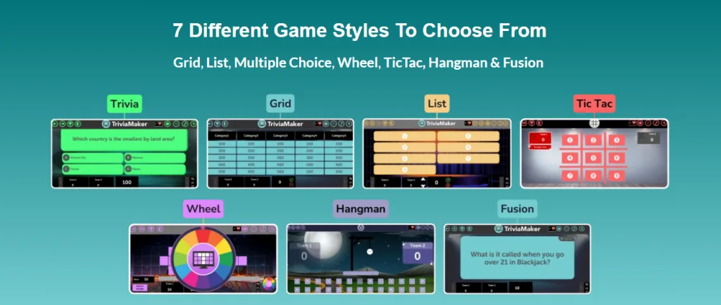 TriviaMaker quiz creator interface displaying grid, wheel, and trivia game options
