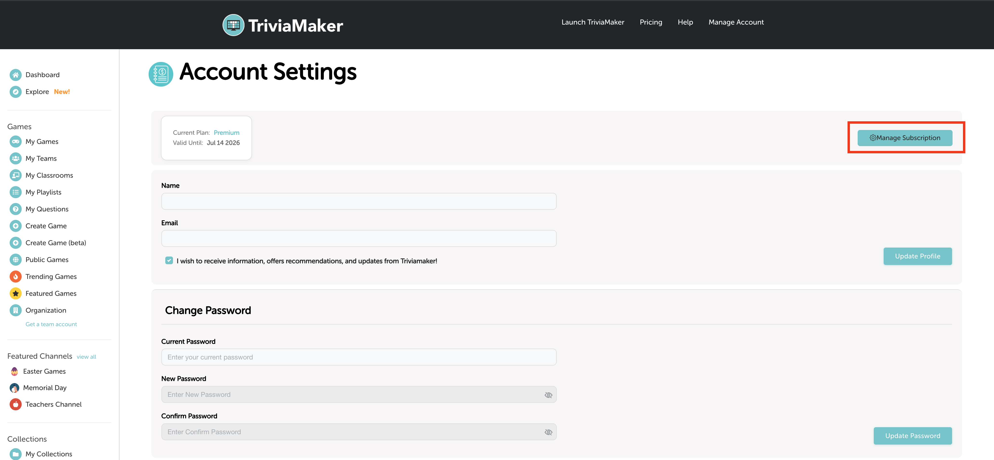 Account Settings page showing the Manage Subscription button