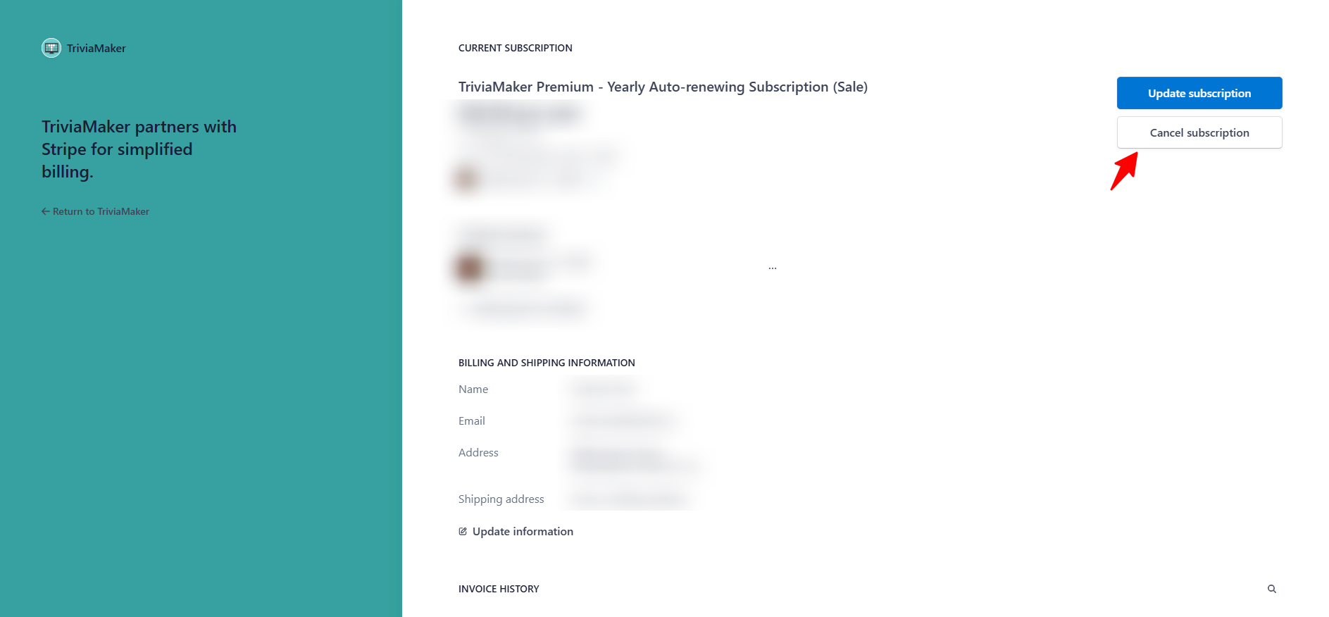 Subscription details page showing the Cancel Subscription button