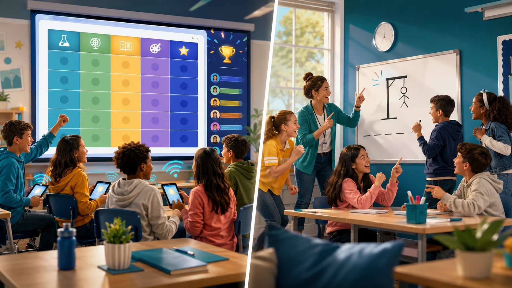 Interactive classroom games including trivia, category board, and hangman formats for student engagement