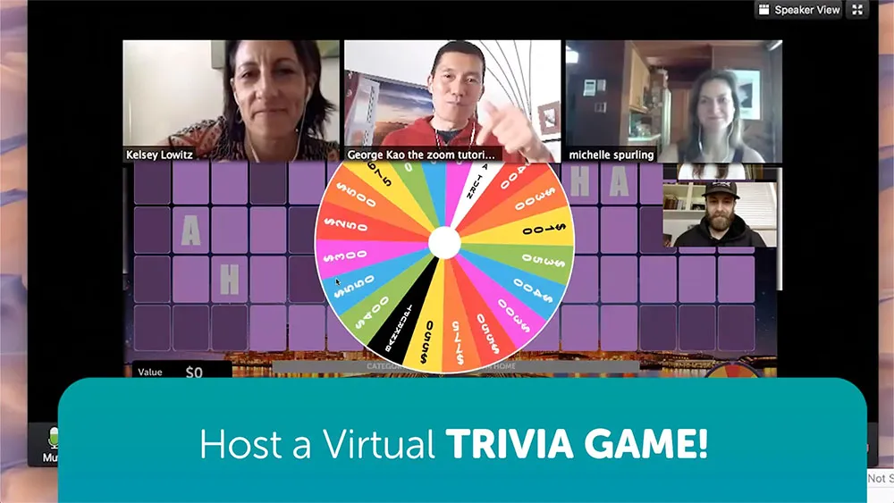 Corporate team playing an interactive game show format on a wheel spin round