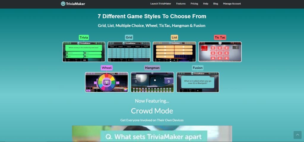 TriviaMaker quiz platform showing 7 game formats for teachers and corporate teams