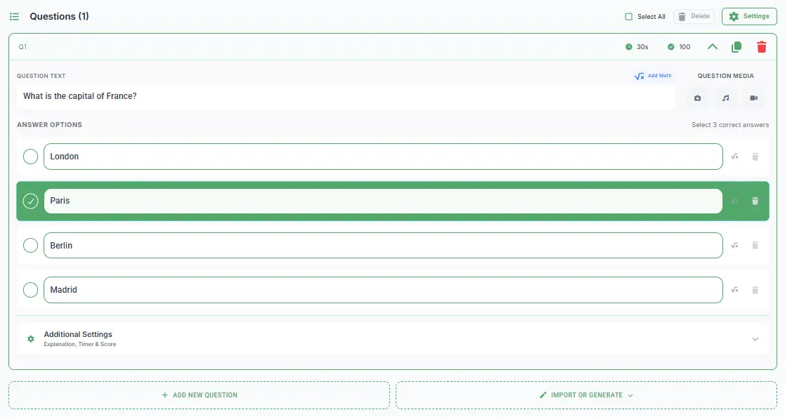 TriviaMaker quiz editor  -  add questions, set correct answers, customize your GK quiz