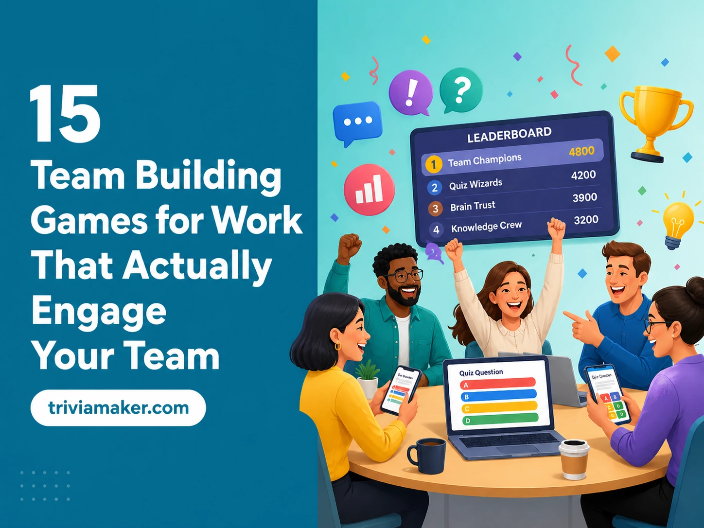 15 team building games for work showing employees playing virtual trivia game with leaderboard team bonding activity for corporate teams